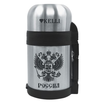 Термос из нержавеющей стали с широким горлом "Kelli" 1,2л, двойные стенки, завинчивающаяся крышка, ручка, ремень (Китай)