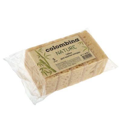 Губка для посуды "Colombina Nature" 9,5х6х3см, поролон, абразивная фибра, набор 5шт (Россия)