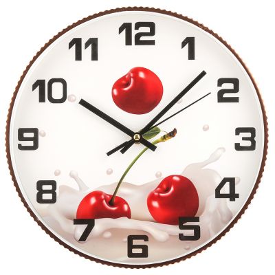 Часы настенные "Зимняя вишня" д29,8см, h4,2см, мягкий ход, циферблат "Вишня" белый; цифры арабские, черный; корпус пластик, рефленый, белый/розовое золото; в коробке (Китай)