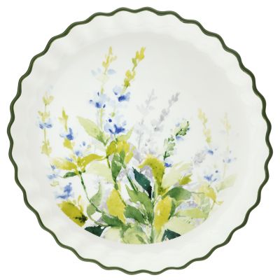 Форма для запекания фарфоровая "Палитра весны" 2,7л, д31см, h5,5см, круглая, волнистый зеленый борт, белый (Китай)