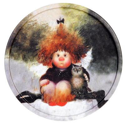 Поднос металлический "Два совенка" д20см, круглый, (тарелка) (Белоруссия)