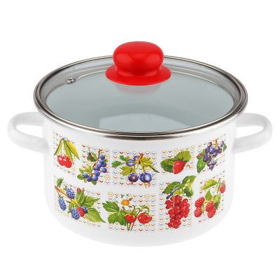 "Вкус лета" Кастрюля эмалированная 3л, д20см, h12,5см, цилиндрическая форма, стеклянная крышка с пластмассовой ручкой-кнопкой, ободок из нержавеющей стали, белый (Россия)