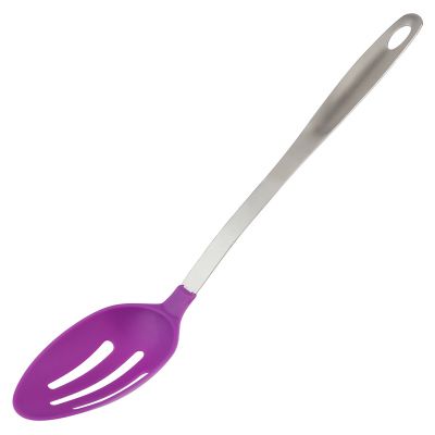 Ложка гарнирная для тефлоновой посуды пластмассовая "Баклажан"  35см, ручка из нержавеющей стали, с прорезями (Китай)