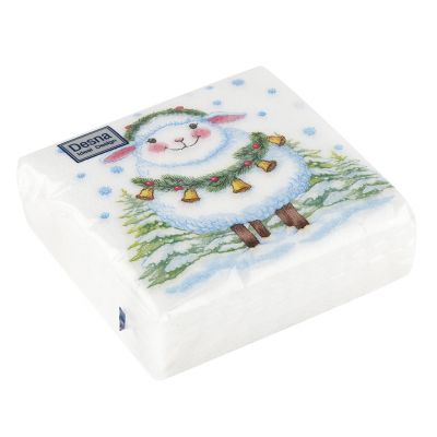 Салфетки бумажные "Desna Design" 24х24см, 1 слойные, 40 штук в упаковке, 100% целлюлоза, "Овечка с колокольчиками" (Россия)