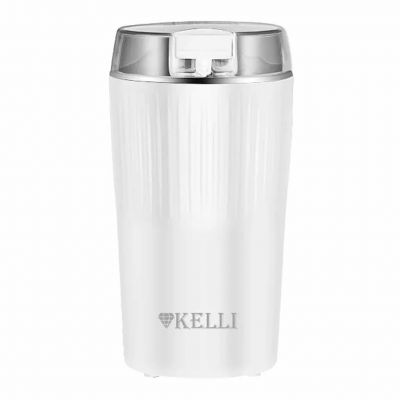 Кофемолка электрическая "Kelli", пластмассовый корпус, ножи из нержавеющей стали, рассчитана на 85г кофе за раз, отсек для хранения шнура, противоскользящие ножки, мощность 220-240 В 50-60 Гц 300 Вт, белый (Китай)