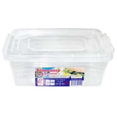 Контейнер для продуктов пластмассовый 2л, 23х16,5х9см, прямоугольный, 2 защелки, прозрачный (Россия)
