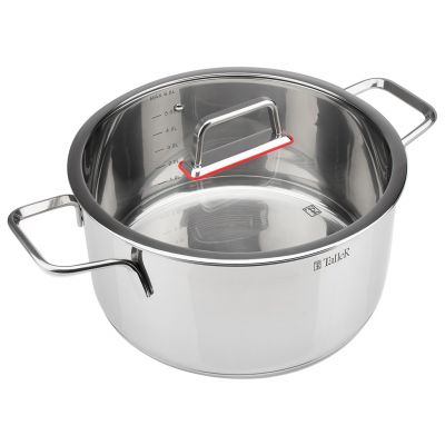 Кастрюля из нержавеющей стали "Tendency" 6,8л, д26см, h13,5см, s0,6мм, дно s2,8мм, плоская стеклянная жаропрочная крышка, пароотвод, стальной обод, капсулированное дно, прутковые ручки из нержавеющей стали на точечной сварке, полировка снаружи - зерк