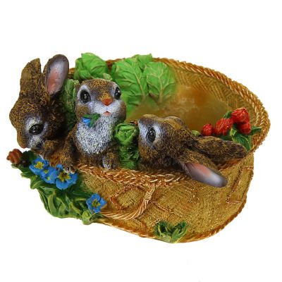 Скульптура-фигура кашпо для сада из полистоуна "Три зайца в корзинке с ромбиком" 14х20см (Россия)