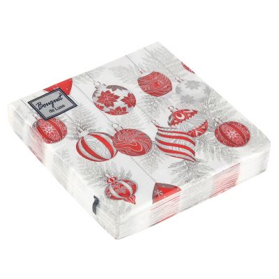 Салфетки бумажные "Bouquet de Luxe" 24х24см, 3-х слойные, 25 штук в упаковке, 100% целлюлоза, "Красные игрушки на серебре" (Россия)