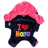 6070 - "Пэт тойс (Pet toys)" Одежда для собаки "Комбинезон" "I ♥ Mama/Papa" с капюшоном, с принтом, на кнопках, р-р M 33-37см, длина спинки 24см/обхват груди 38см/обхват шеи 30см, цвет-синий с розовым, плюш (100% полиэстер) (Китай)
