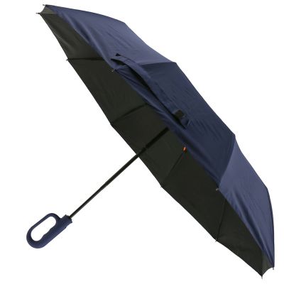 Зонт автомат "Меломан UPF50+" ткань эпонж (полиэстер) + черное УФ-покрытие, 10 лучей, д/купола 115см h66см, 3 сложения, 38см в сложенном виде, усиленный механизм против ветра, ручка карабин с покрытием "soft-touch", цвет синий, 459гр (Китай)