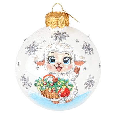 Елочная игрушка шар стеклянная "Барашек с корзинкой" д6,5см, ручная художественная роспись, подарочная упаковка (Россия)