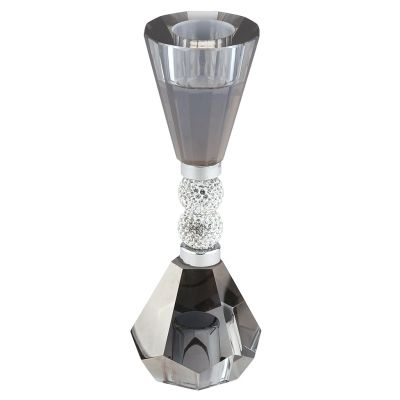 Подсвечник стеклянный "Гроза" h16см, чаша д4см, h2,5см, отвинчивающаяся, основание д5см, двухсторонний, 2 шарма с кристаллами, дымчатый, в коробке (Китай)
