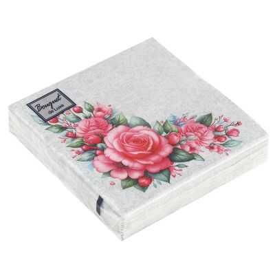 Салфетки бумажные "Bouquet de Luxe" 24х24см, 3-х слойные, 25 штук в упаковке, 100% целлюлоза, "Дикая роза NEW" (Россия)