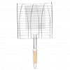 KD19-060 - Решетка для гриля из нержавеющей стали 28х28х2см, общая длина 52см, ручка с деревянной вставкой, для рыбы (Китай)
