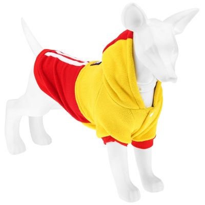 "Пэт тойс (Pet toys)" Одежда для собаки "Толстовка" "DOG" с капюшоном, с принтом, на кнопках р-р M, длина спинки 24см/обхват груди 36см/обхват шеи 28см, цвет-желто-красный, флис (Китай)