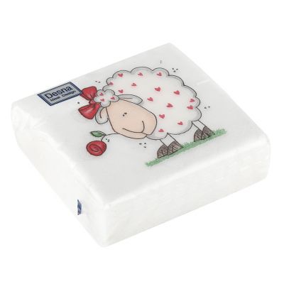 Салфетки бумажные "Desna Design" 24х24см, 1 слойные, 40 штук в упаковке, 100% целлюлоза, "Влюбленная овечка" (Россия)