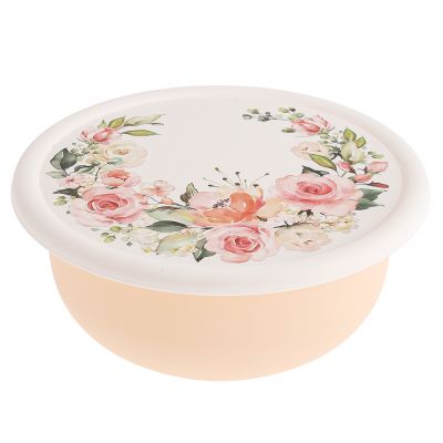 Миска пластмассовая "Модена" 2,1л, д22,5см, h9см, с крышкой, с декором "Розы", светло-розовый (Россия)
