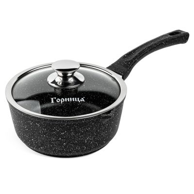 Ковш с тефлоновым покрытием 1,5л, д18см "Гранит Induction", h8см, s0,4см, дно д14см, s0,5см, ручка из термостойкого пластика, с крышкой, подарочная упаковка (Россия) Подходит для всех видов плит, включая индукционную.