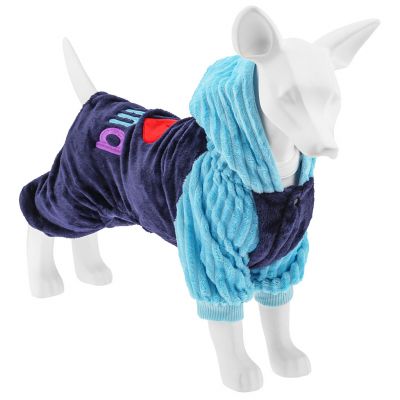 "Пэт тойс (Pet toys)" Одежда для собаки "Комбинезон" "I ♥ Mama/Papa" с капюшоном, с принтом, на кнопках, р-р S 28-32см, длина спинки 22см/обхват груди 34см/обхват шеи 28см, цвет-синий с голубым, плюш (100% полиэстер) (Китай)

