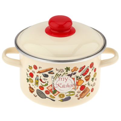 "Моя кухня" Кастрюля эмалированная 2л, д18см, h11,5см, цилиндрическая форма, металлическая крышка с пластмассовой ручкой-кнопкой, ободок из нержавеющей стали, глубокая, слоновая кость (Россия)