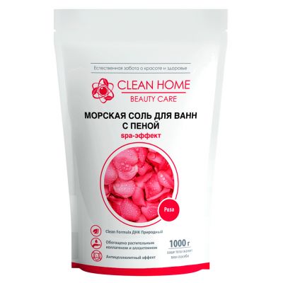 Соль для ванн 1кг, натуральная, морская, с пеной, "Роза", пакет 17,5х8х26см, "Clean Home Beauty Care" (Россия) 
