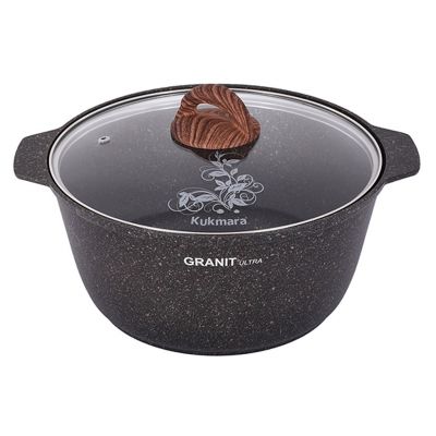 Кастрюля с антипригарным покрытием 5л, д28см "Granit Ultra", h13,5см, стеклянная жаропрочная крышка, ручка из термостойкого пластика, гранитный, "Kukmara" (Россия) - можно использовать металлические кухонные принадлежности