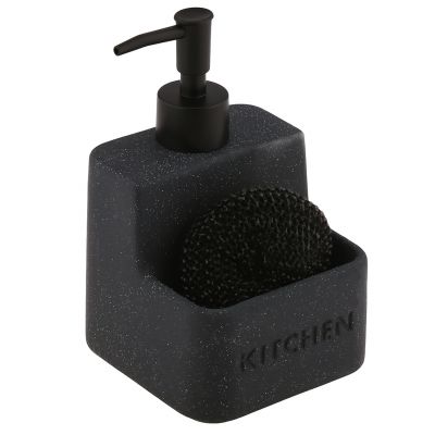 Дозатор для жидкого мыла из полимерного композита "Kitchen" 500мл, 10,5х10,5х17см, черный меланж, фурнитура пластик - черный; с углублением для губки, губка п/э в комплекте д9см; в коробке (Китай)