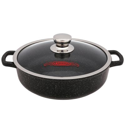 Жаровня с антипригарным покрытием 3,0л, д26см "Гранит Induction", h7см, s0,4см, литые ручки, стеклянная крышка с пароотводом, подарочная упаковка (Россия) Подходит для всех видов плит, включая индукционную.