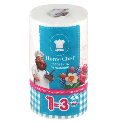 Полотенце бумажное 2-х слойное "Home Chef Пряности" с рисунком "Цветы" 1 рулон, 33м, размер листа 25х23см, белый (Россия)