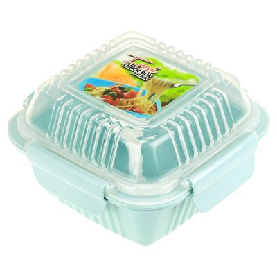 Ланч-бокс для продуктов пластмассовый "Фреш" 0,55л, 14х14см h8,5см, с ложкой 13см, крышка прозрачная, с клипсами, с уплотнителем, цвета в ассортименте: персиковый, голубой, зеленый (Китай)