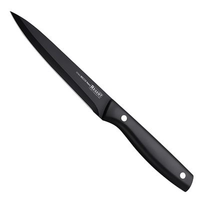 Нож кухонный "Becco Nero" 13см из нержавеющей стали, ширина 2см, длина 24,5см, универсальный, конструкция "фултанг", лезвие с покрытием PEARL, пластмассовая ручка, черный, ПВХ чехол-подвес, "Regent" (Китай)