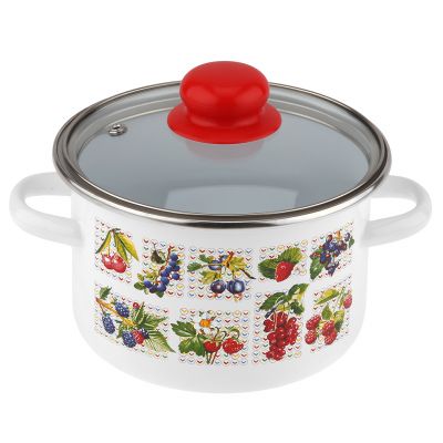 "Вкус лета" Кастрюля эмалированная 2л, д18см, h11,5см, цилиндрическая форма, стеклянная крышка с пластмассовой ручкой-кнопкой, ободок из нержавеющей стали, глубокая, белый (Россия)