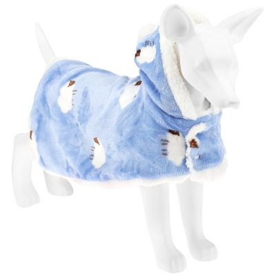 "Пэт тойс (Pet toys)" Одежда для собаки "Накидка на меху" "Овечка" с капюшоном, с помпоном, на кнопках, р-р M, длина спинки 35см/обхват шеи 32-36см, цвет-голубой, флис/искусственный мех (100% полиэстер) (Китай)