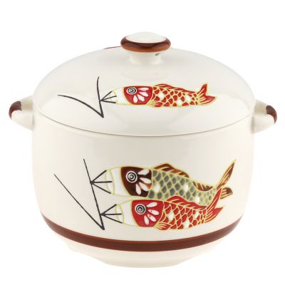 Супница фарфоровая "Улов" 1л, д13,5см, h10см, общая h13,5см, с крышкой, 2 ручки, с деколью, молочный, в коробке (Китай)