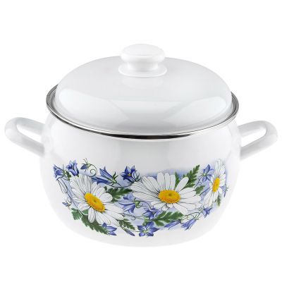 "Ромашковое поле" Кастрюля эмалированная 5,0л, форма полусфера, металлическая крышка, нержавеющий ободок (Россия)
