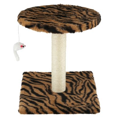 Когтеточка напольная "Багира" 29,5х29,5х33см, ДВП/искусственный мех (полиэстер), столбик с обмоткой из сизаля, полка д29,5см, игрушка-веревочка "Белая мышь", бежевый/черный, в пакете (Китай)