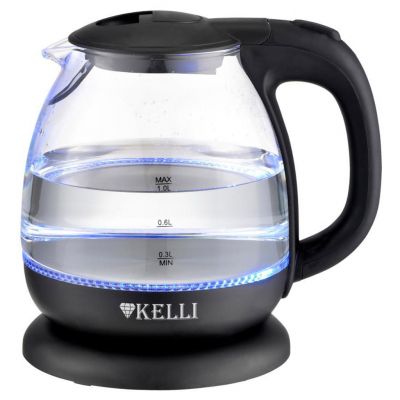 Чайник электрический "Kelli" 1л, стеклянный корпус, термостойкое стекло, внутренняя подсветка, автоматическое отключение, поворачивающийся корпус на 360°, закрытый нагревательный элемент, защита от перегрева, мощность: 220-240В, 50Гц, 900-1100Вт, 20,