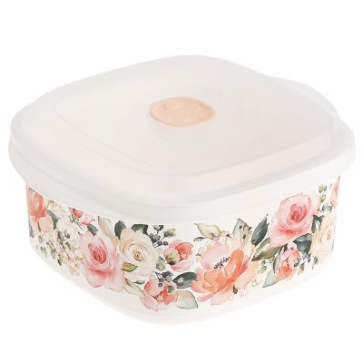 Контейнер для продуктов пластмассовый "Бергамо" 1,6л, 19,3х16,9х9,5см, с клапаном, полипропилен, белый, подходит для СВЧ, с декором "Розы" (Россия)