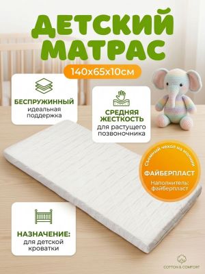 Матрас "Файберплат/средней" 140х65х10см, средней жесткости, наполнитель файберпласт, чехол микрофибра (п/э 100%) стеганый, съемный, на молнии, упаковка пакет ПВХ 65х140х9см, Домашняя мода (Россия)
