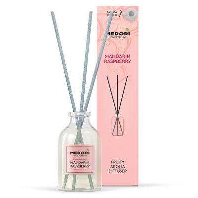 Ароматический диффузор 30мл "Mandarin Raspberry (Мандарин Малина)" 3,5х3,5х15см, настольный, стекло, палочки из микрофибры, отдушка, с пробником аромата, в коробке, "Medori" (Россия)