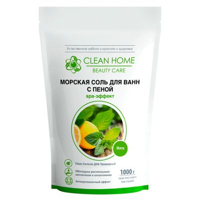 Соль для ванн 1кг, натуральная, морская, с пеной, "Мята", пакет 17,5х8х26см, "Clean Home Beauty Care" (Россия)
