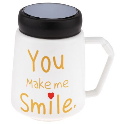 Кружка фарфоровая "Признания" "You make me smile" 600мл, д9,5см h13,3см, матовая глазурь, деколь с золотом, цвет - белый, пластмассовая, винтовая крышка, герметичная, с силиконовым уплотнителем, д/горла 6,6см, д/основания 5,6см, в подарочной коробке 