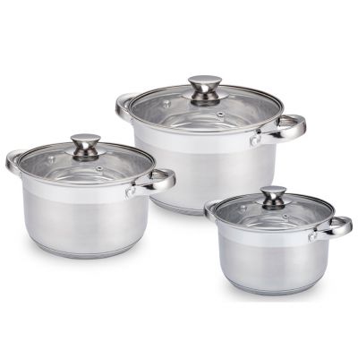Набор кастрюль из нержавеющей стали "Silver" 3 штуки: 2л, 2,7л, 3,6л, s0,4см, дно s3см, стеклянная крышка, многослойное термоаккумулирующее дно, цветная коробка, "Appetite" (Китай)