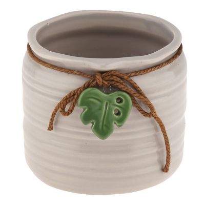 Кашпо для цветов керамическое "Монстера" 0,58л, д10,3см, h9,5см, внутренний д8,9см, декоративный шнур с подвеской, фактурный глянец, серый, в коробке (Китай)
