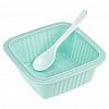 8097 - Ланч-бокс для продуктов пластмассовый "Фреш" 0,55л, 14х14см h8,5см, с ложкой 13см, крышка прозрачная, с клипсами, с уплотнителем, цвета в ассортименте: персиковый, голубой, зеленый (Китай)