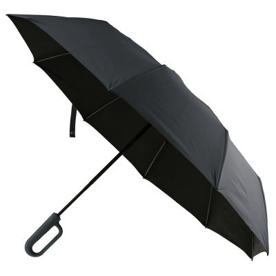 Зонт автомат "Меломан UPF50+" ткань эпонж (полиэстер) + черное УФ-покрытие, 10 лучей, д/купола 115см h66см, 3 сложения, 38см в сложенном виде, усиленный механизм против ветра, ручка карабин с покрытием "soft-touch", цвет серый, 459гр (Китай)