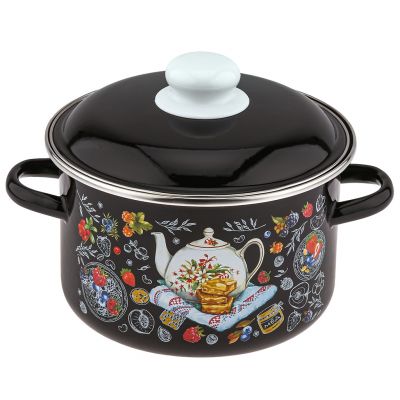 "Десерт к чаю" Кастрюля эмалированная 3л, д20см, h12,5см, цилиндрическая форма, металлическая крышка, черный (Россия)