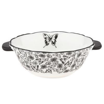 "Махаон" Салатник фарфоровый 1л, д18,5см, h7,5см, 2 ручки (длина 22,3см), отводка, волнистый край, белый/черный, в коробке (Китай)