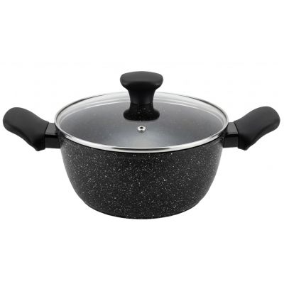 Кастрюля с антипригарным покрытием "Granito Nero" 5,6л, д28см, h11см, s2,7мм, дно s3,5мм, кованый алюминий, стеклянная крышка, пароотвод, бакелитовая ручка с покрытием "soft-touch", цветная коробка, "Regent" (Китай) Подходит для всех видов плит, вклю